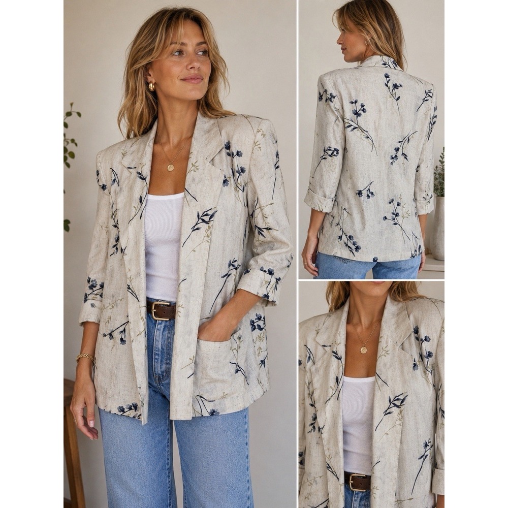 Vintage 90s Modern Essentials Floral Open Front Blazer Shoulder pads Made In USA